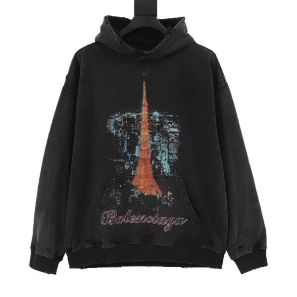 Balenciaga/Balenciaga 24Fw Tokyo Tower Direct Spray Printed Destroyed Washed Aged Hooded Sweatshirt - Image 6