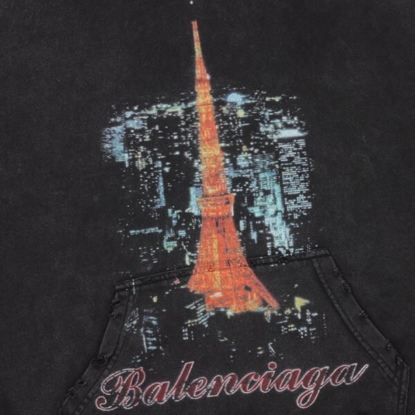 Balenciaga/Balenciaga 24Fw Tokyo Tower Direct Spray Printed Destroyed Washed Aged Hooded Sweatshirt - Image 3