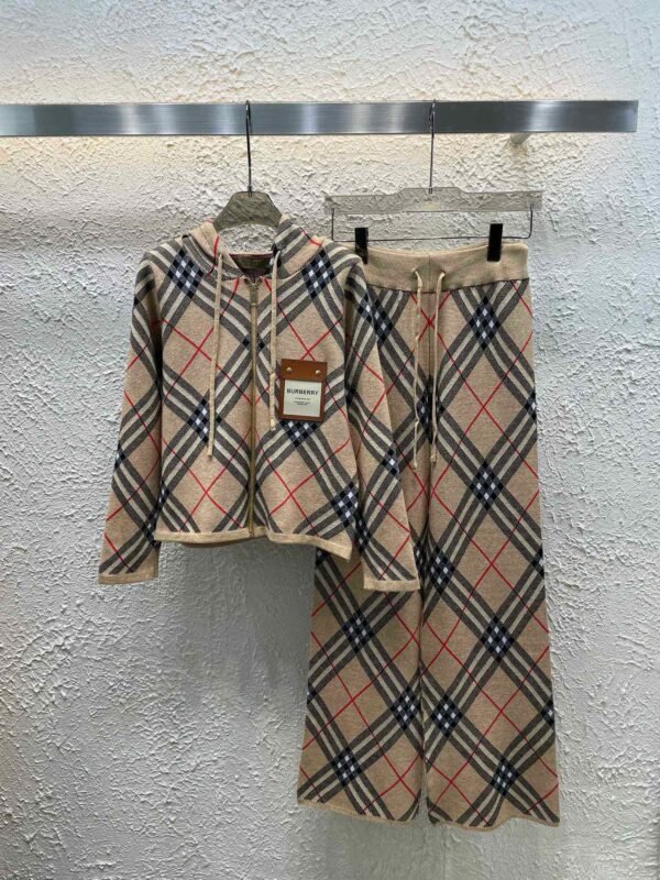 Burberry Burberry BBR Custom Monogram Leather Classic Check Hooded Long Sleeve Zip Cardigan Drawstring Trousers Knit Suit - Image 3