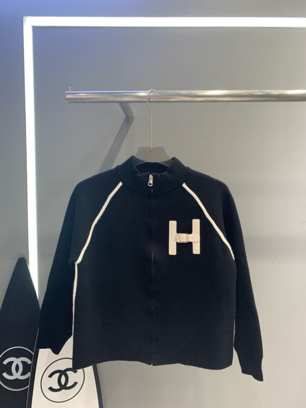 Hermes Hermes H Monogram Leather Button Stand Collar Long Sleeve Zipper Knit Cardigan - Image 5