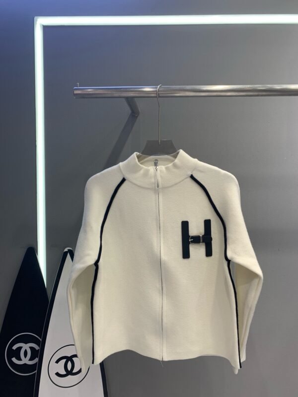 Hermes Hermes H Monogram Leather Button Stand Collar Long Sleeve Zipper Knit Cardigan - Image 4
