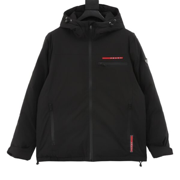 Prada 24Fw Red Label Embossed and Triangle Label Badge Hooded Down Jacket - Image 8