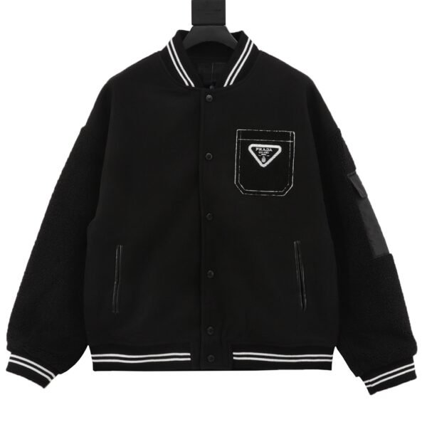 Prada Lambswool Patchwork Baseball Jacket Coat - Image 9