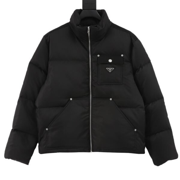 Prada PRD Nylon Logo Flap Pocket Stand Collar Down Jacket - Image 5