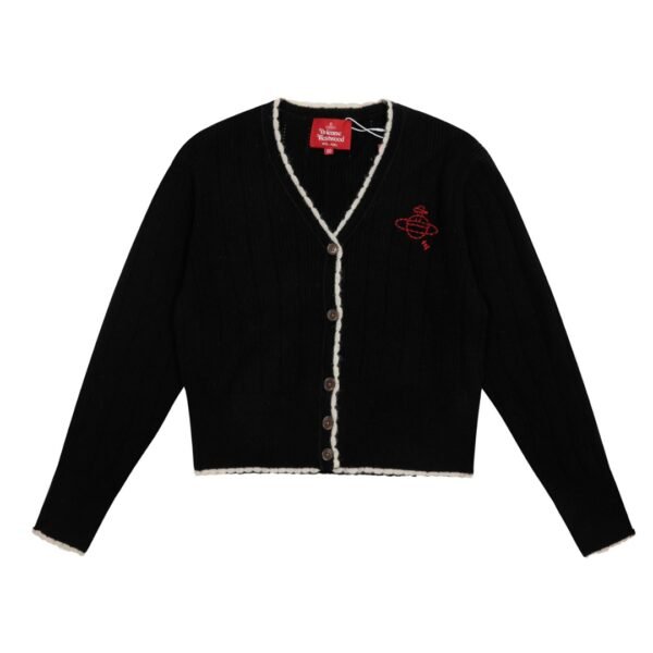 Vivi129 #P175 „EXKLUSIV vivienne west wald herbst/winter 24 rotes label zeigen modelle vertikale streifen durchbrochene gestrickte blütenkragen design strickjacke - Image 9