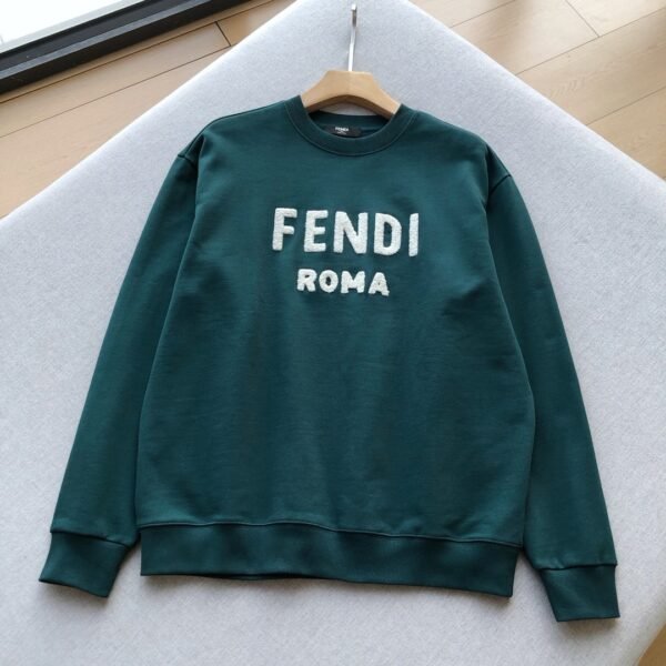 FENDI White Letter Flocked Logo ~ Green Terry Cotton Crew Neck Sweatshirt