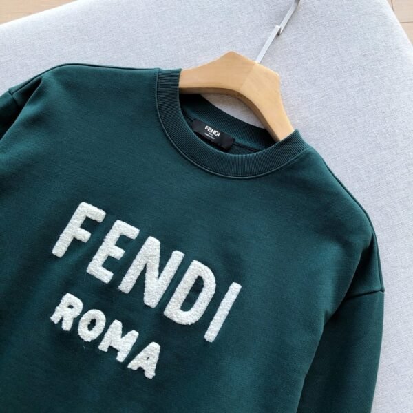 FENDI White Letter Flocked Logo ~ Green Terry Cotton Crew Neck Sweatshirt - Image 6