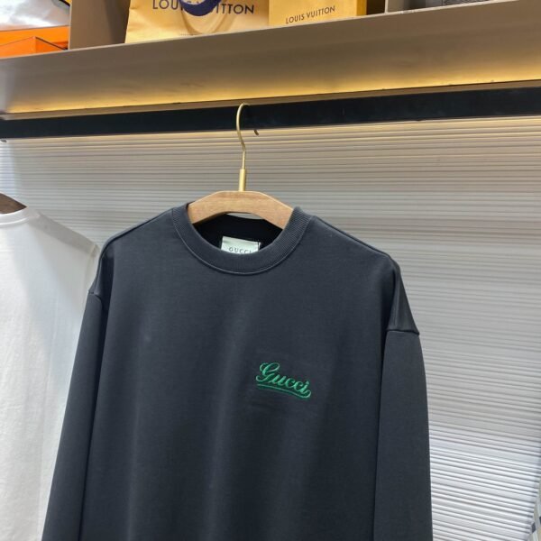 GUCCI GU25SS early spring new high-quality terry cotton round neck sweater, men's and women's green floral body logo embroidery loose casual pullover sweater shirt - Image 9
