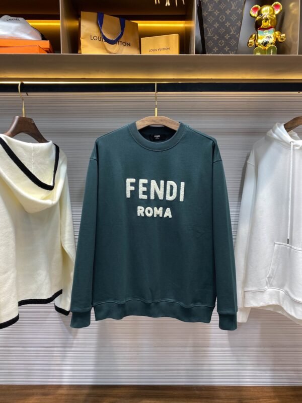 FENDI FD25SS early spring new dark green terry cotton round neck sweater, men and women's three-dimensional towel embroidery white logo casual pullover sweater shirt