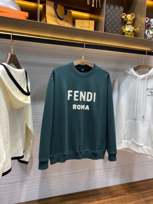 FENDI FD25SS early spring new dark green terry cotton round neck sweater, men and women's three-dimensional towel embroidery white logo casual pullover sweater shirt - Image 3