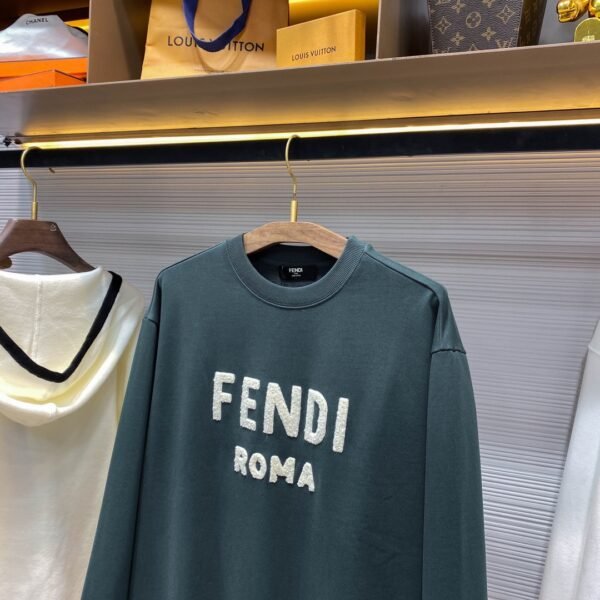 FENDI FD25SS early spring new dark green terry cotton round neck sweater, men and women's three-dimensional towel embroidery white logo casual pullover sweater shirt - Image 10