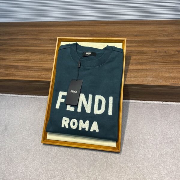 FENDI FD25SS early spring new dark green terry cotton round neck sweater, men and women's three-dimensional towel embroidery white logo casual pullover sweater shirt - Image 5