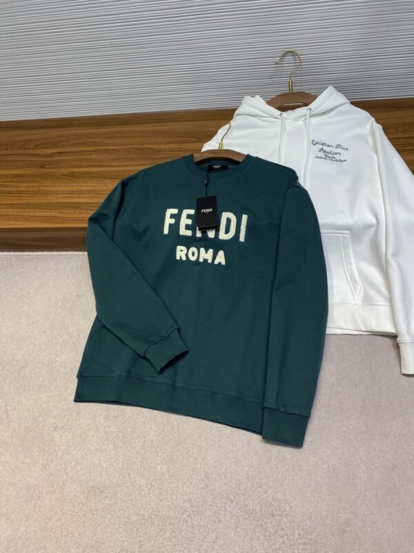 FENDI FD25SS early spring new dark green terry cotton round neck sweater, men and women's three-dimensional towel embroidery white logo casual pullover sweater shirt - Image 7