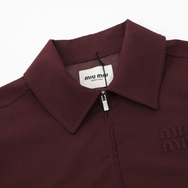 MIUMIU MM Burgundy Appliquéd Wool Drawstring Lapel Jacket Coat - Image 5