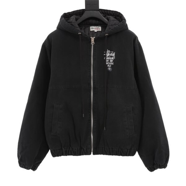 Stussy washed and distressed monogrammed black 8 hooded cotton jacket