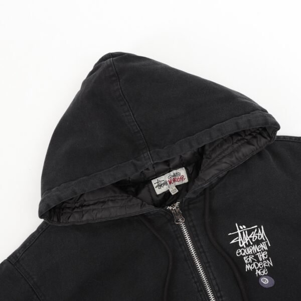 Stussy washed and distressed monogrammed black 8 hooded cotton jacket - Image 4