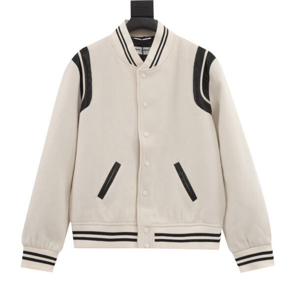 Saint Laurent Paris/Saint Laurent Patchwork White Baseball Collar Jacket Coat
