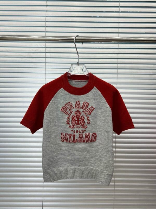 Prada Monogram Logo Jacquard Colorblocked Plunger Sleeve Crew Neck Knit Short Sleeve - Image 3