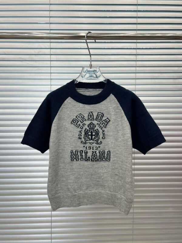 Prada Monogram Logo Jacquard Colorblocked Plunger Sleeve Crew Neck Knit Short Sleeve - Image 2