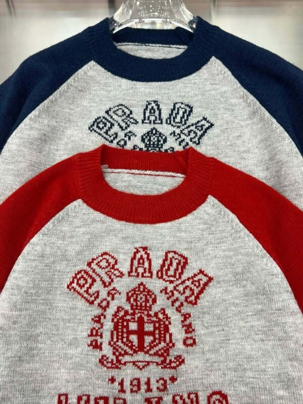 Prada Monogram Logo Jacquard Colorblocked Plunger Sleeve Crew Neck Knit Short Sleeve - Image 8