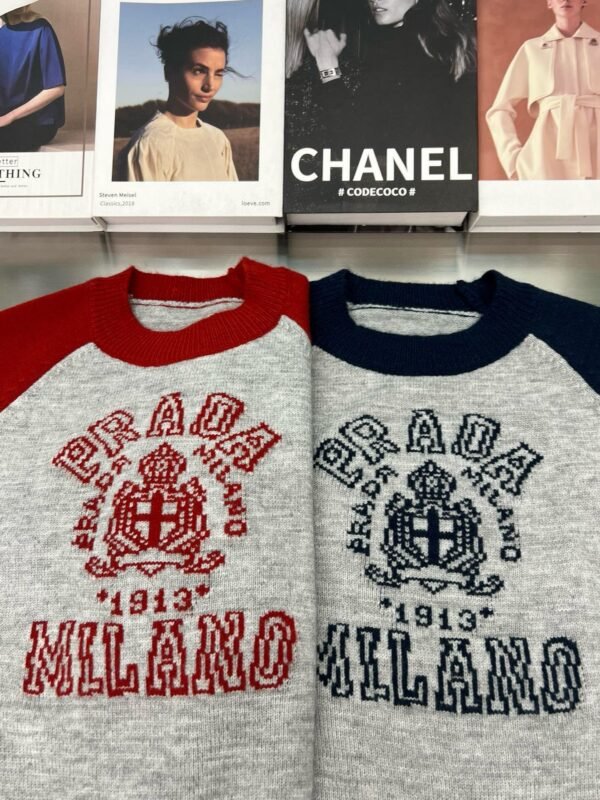 Prada Monogram Logo Jacquard Colorblocked Plunger Sleeve Crew Neck Knit Short Sleeve - Image 6