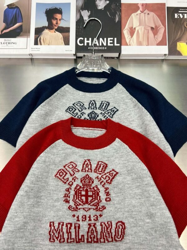 Prada Monogram Logo Jacquard Colorblocked Plunger Sleeve Crew Neck Knit Short Sleeve - Image 9