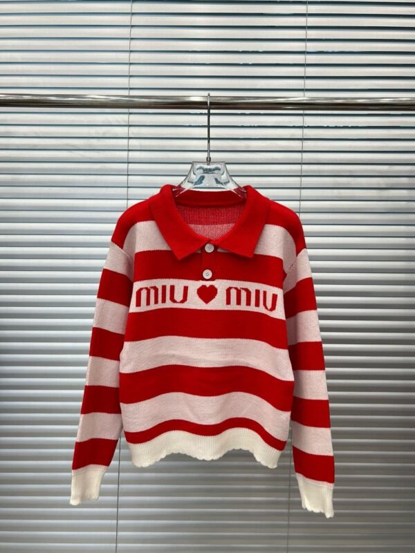 Miumiu Miu Monogrammed Heart Jacquard Stripe Lapel Long Sleeve Knit Sweater