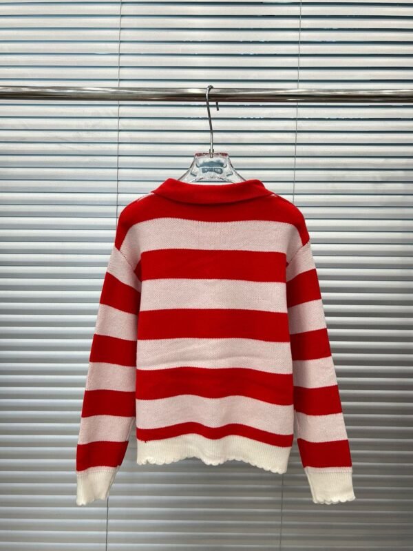 Miumiu Miu Monogrammed Heart Jacquard Stripe Lapel Long Sleeve Knit Sweater - Image 5