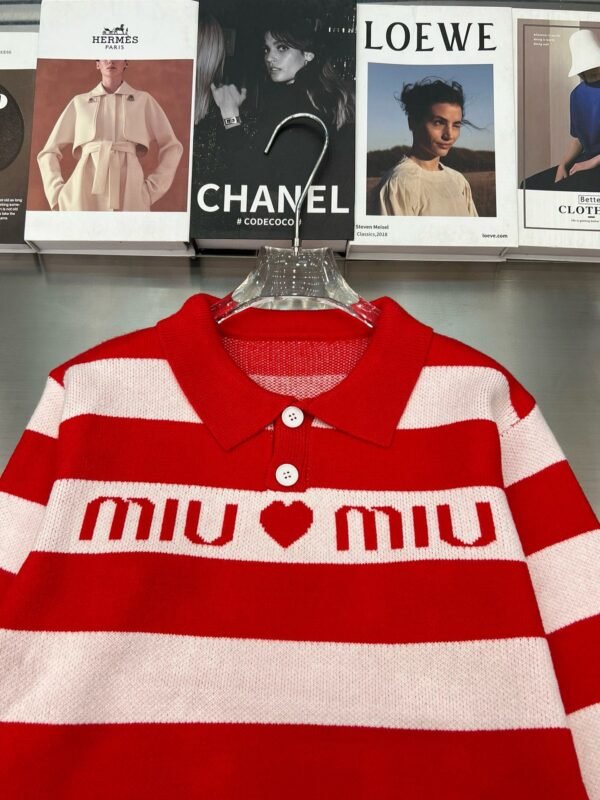 Miumiu Miu Monogrammed Heart Jacquard Stripe Lapel Long Sleeve Knit Sweater - Image 6