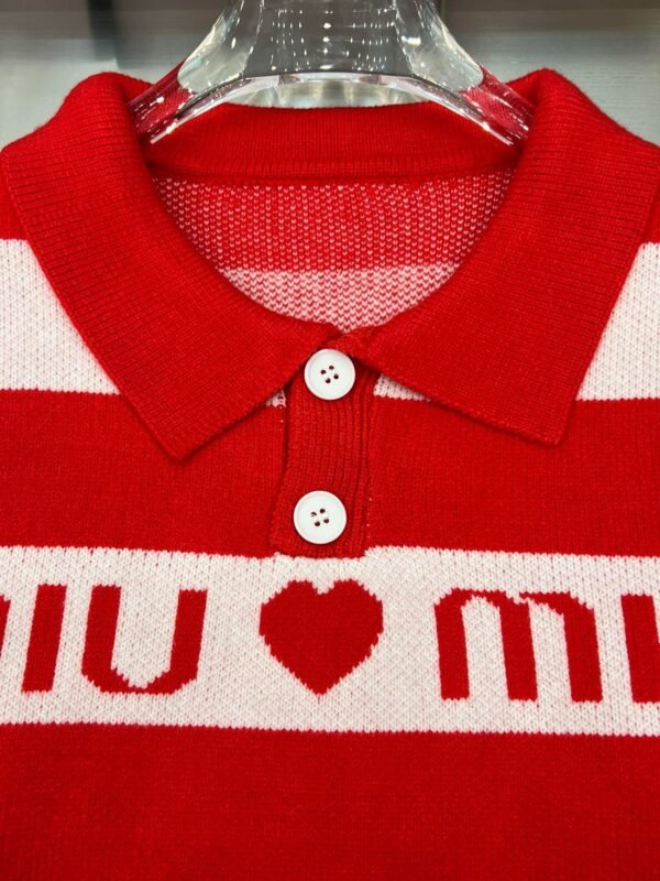 Miumiu Miu Monogrammed Heart Jacquard Stripe Lapel Long Sleeve Knit Sweater - Image 2