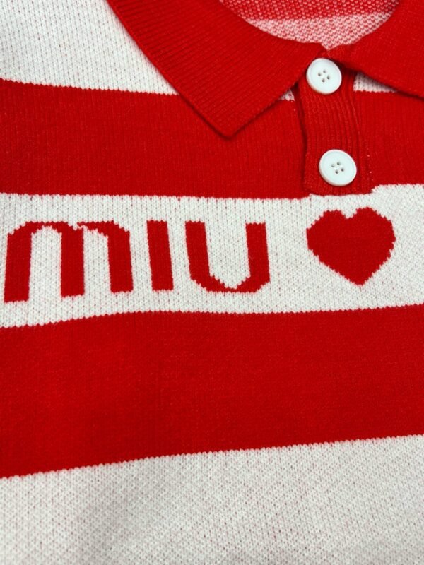 Miumiu Miu Monogrammed Heart Jacquard Stripe Lapel Long Sleeve Knit Sweater - Image 4